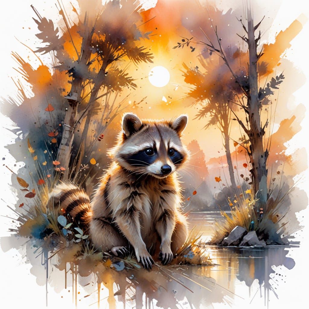 Raccoon in Summerscape Watercolour Illustration