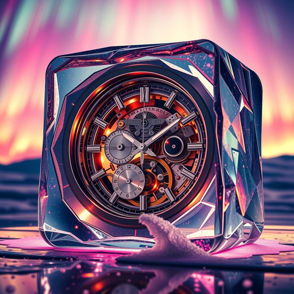 Rolex Clockwork Frozen in Ice Under Northern Lights