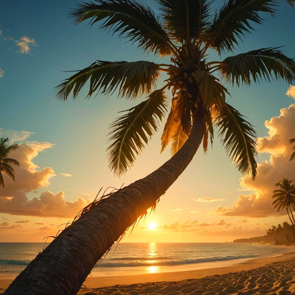 Sunset Palm Tree in Digital Matte Painting Style