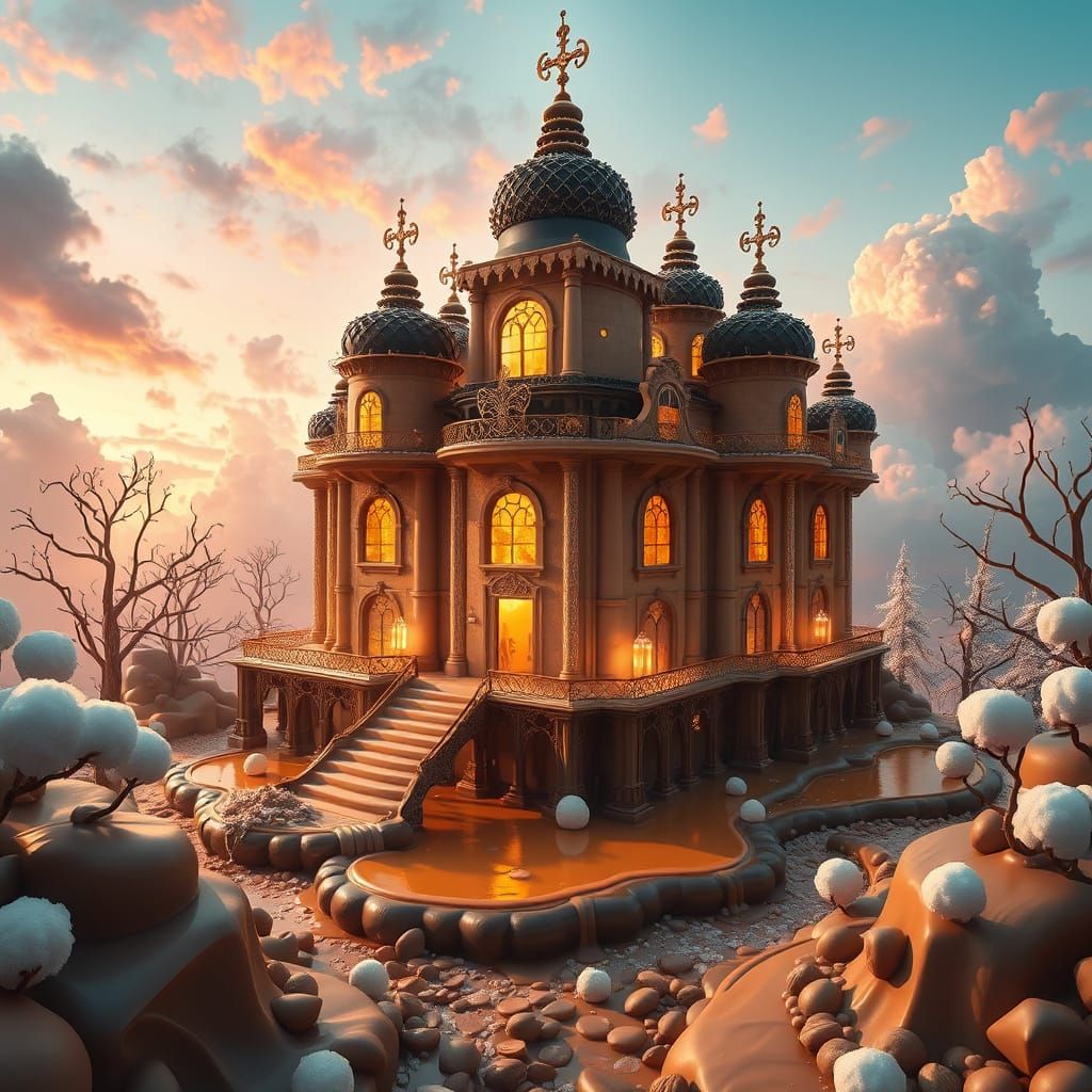 Ethereal Chocolate Palace in Whimsical Twilight