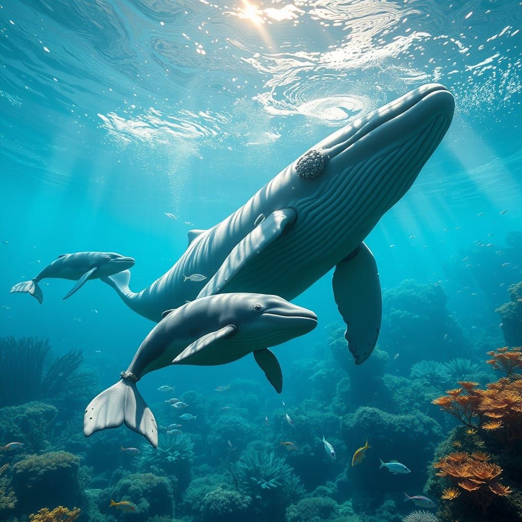 Whale Mother and Child in Vibrant Underwater Ballet
