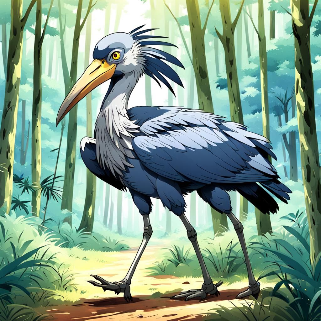 Shoebill Stork in Anime Style Forest
