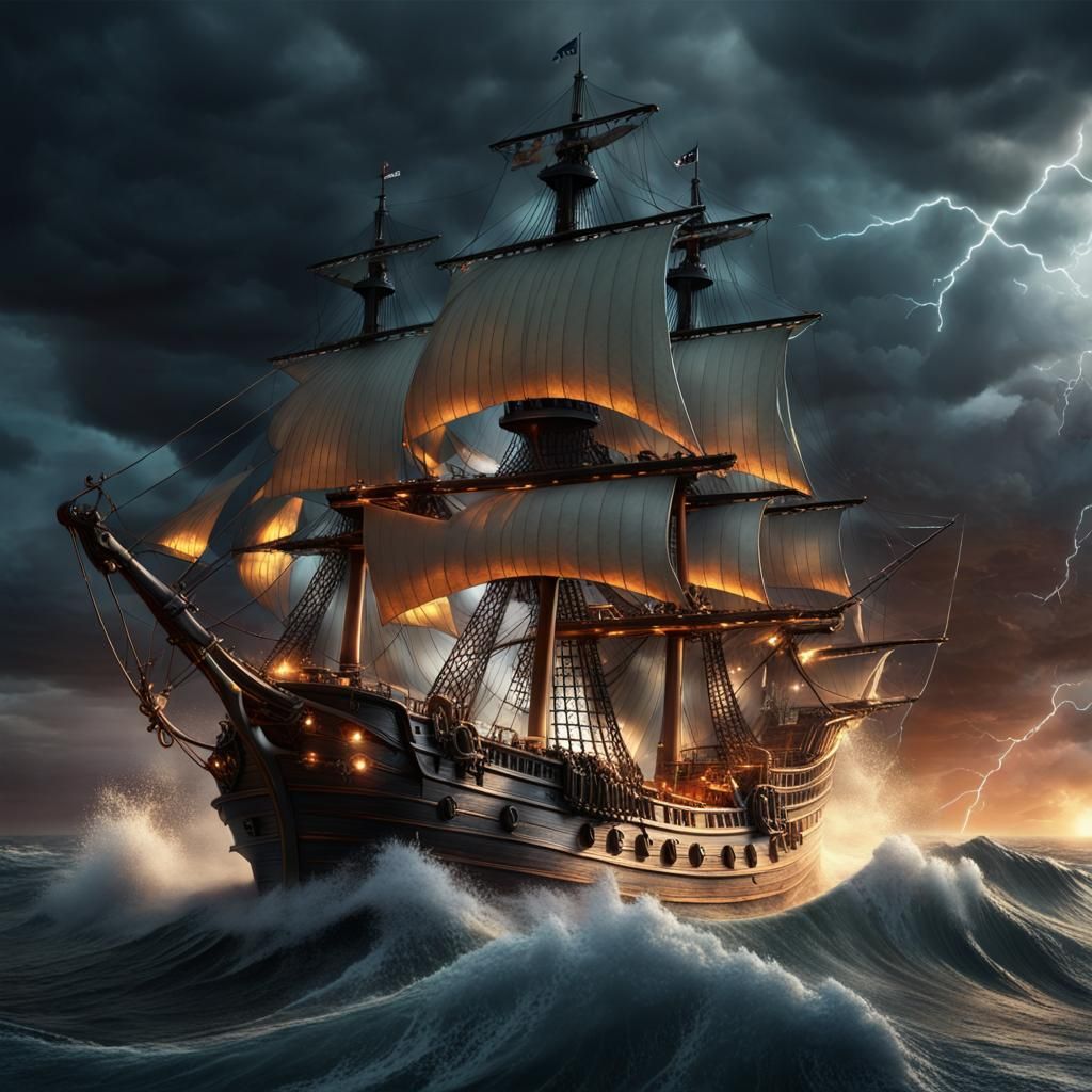 Pirate Ship Amidst Violent Ocean Storm at Dusk