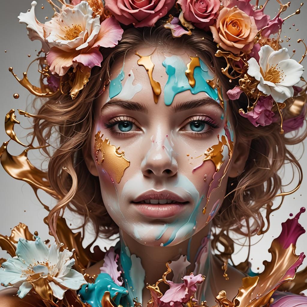 Surreal Woman Disappears into Vibrant Paint Mist in Abstract...