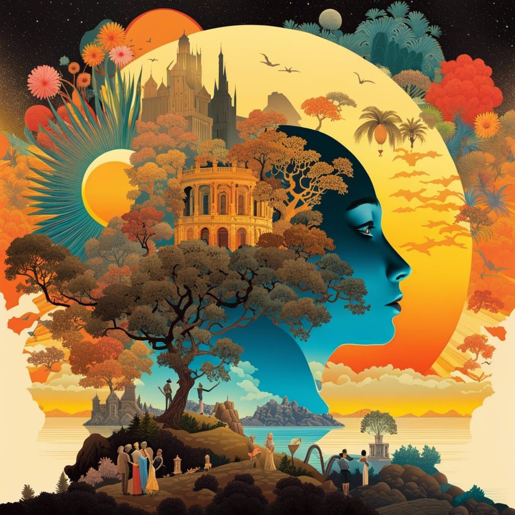 Surreal Golden Age Paradise Double Exposure Collage