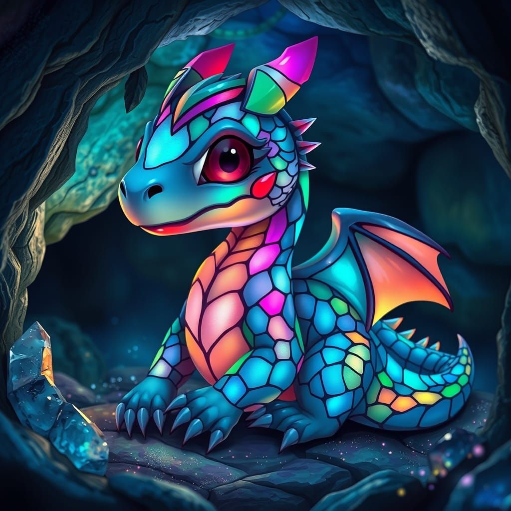 Iridescent Dragon in Crystal Cave, Fantasy Art