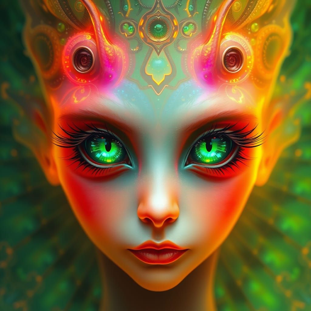 Mystical Being with Luminous Green Eyes in Ethereal Aura