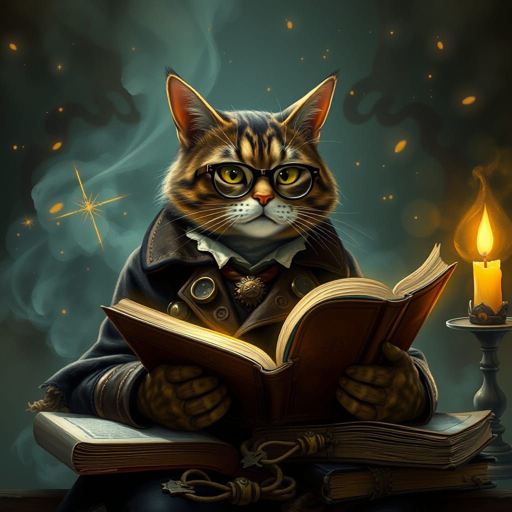 Mystical Cat Scholar Lost in Whimsical Fog
