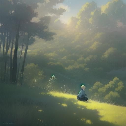 Anime Boy on Hillside Gazing at Screen