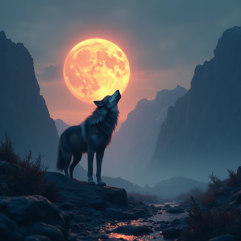 Lone Wolf Howling at Moon in Matte Painting Style