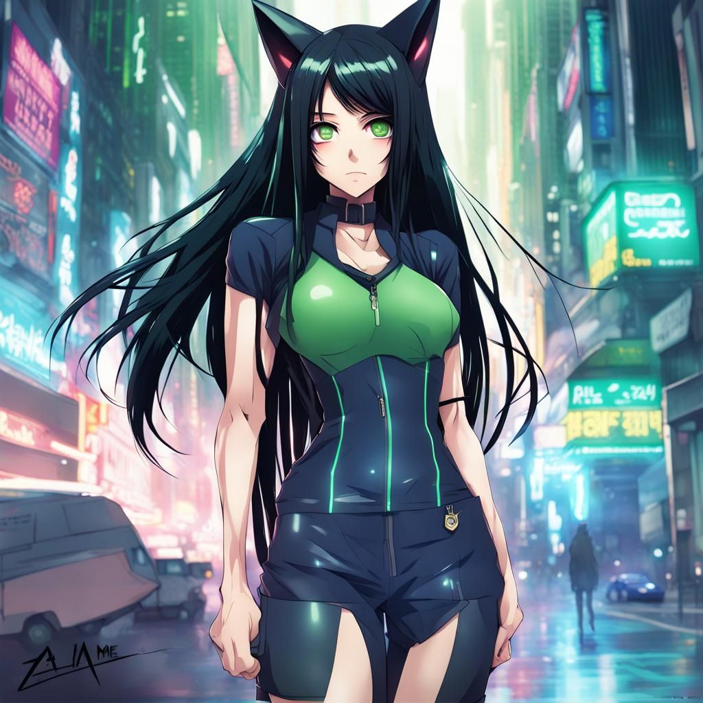Cyberpunk Anime Fox Girl in Manga Style