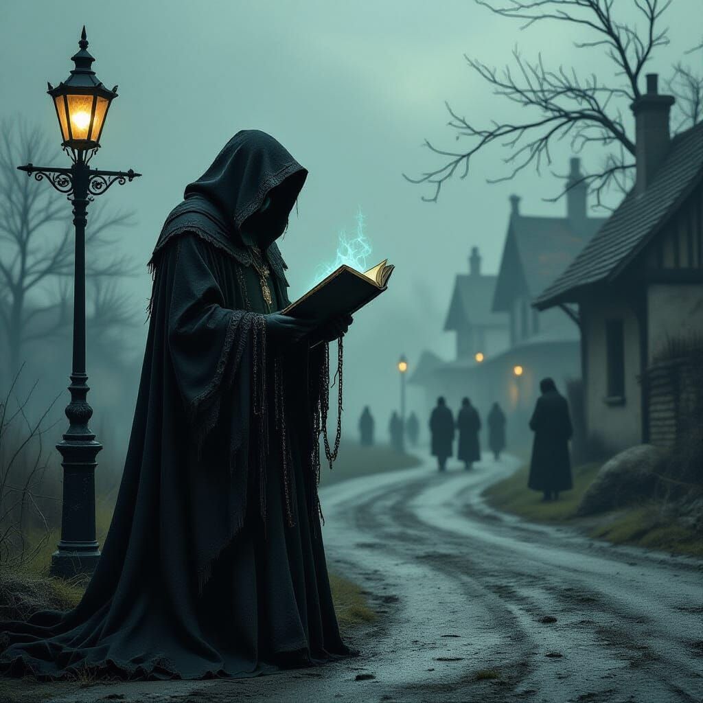 Gaunt Collector at Crossroads in Dark Gothic Style