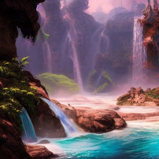 Bikini Model by Waterfall, Detailed Matte Painting