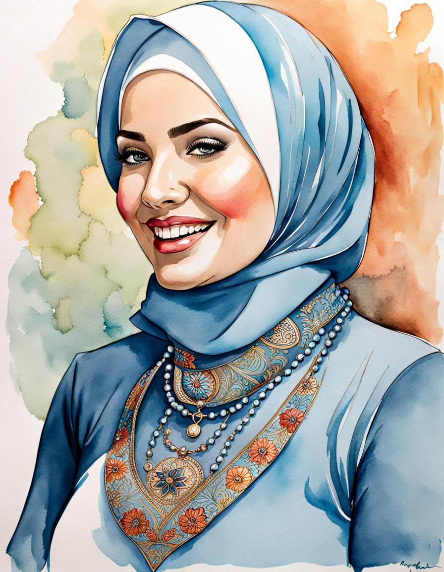Elegant Hijabi Woman Smiling in Watercolor Style