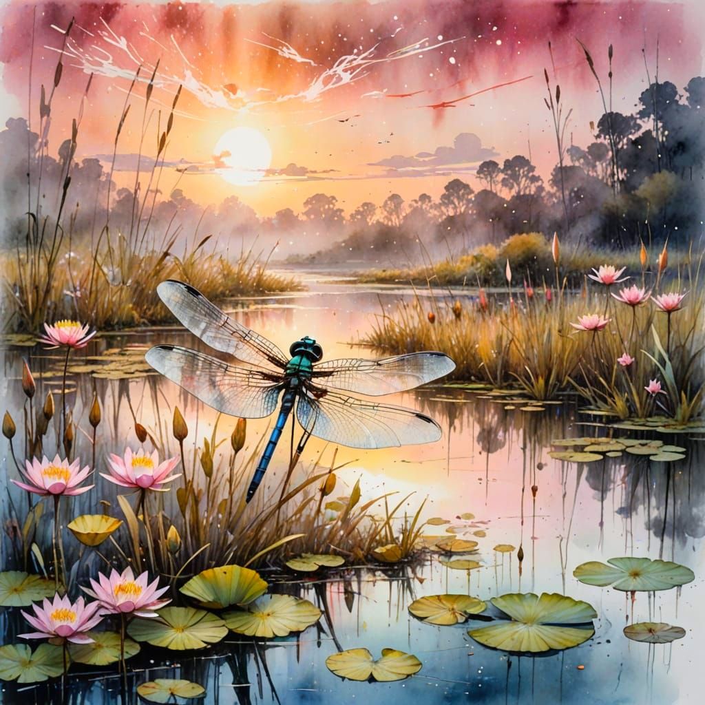 Ethereal Wetland Sunrise with Dragonfly in Watercolor Style