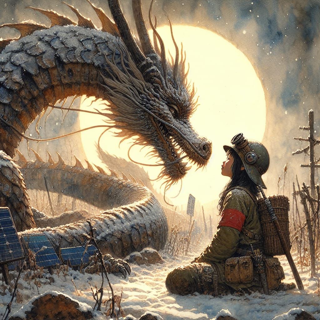 Serene Steampunk Ukiyo-e: Girl and Dragon's Tranquil Embrace