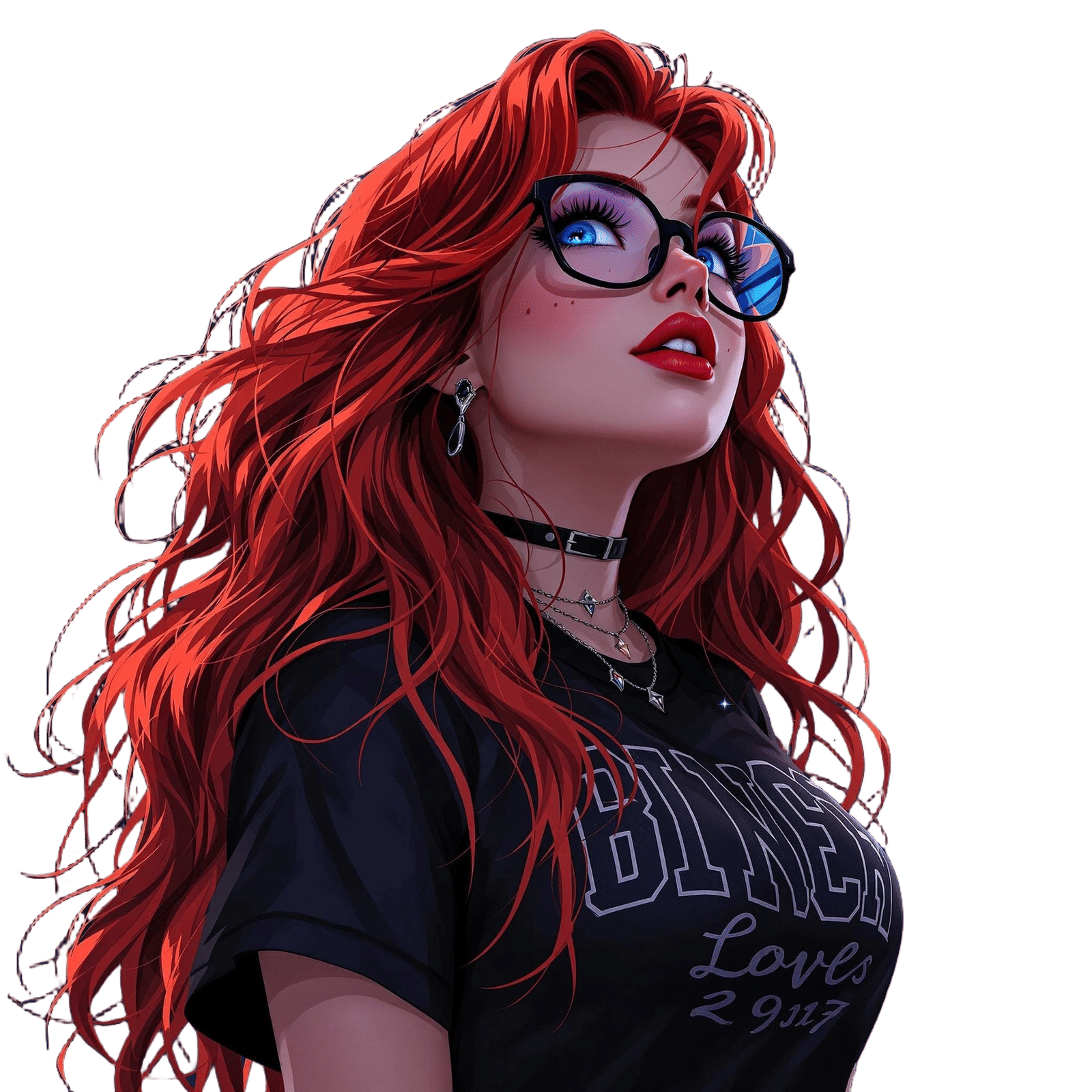 A vibrant, curvy young woman with luscious, long, waist-length deep and dark red hair, bright blue eyes shining with ado...