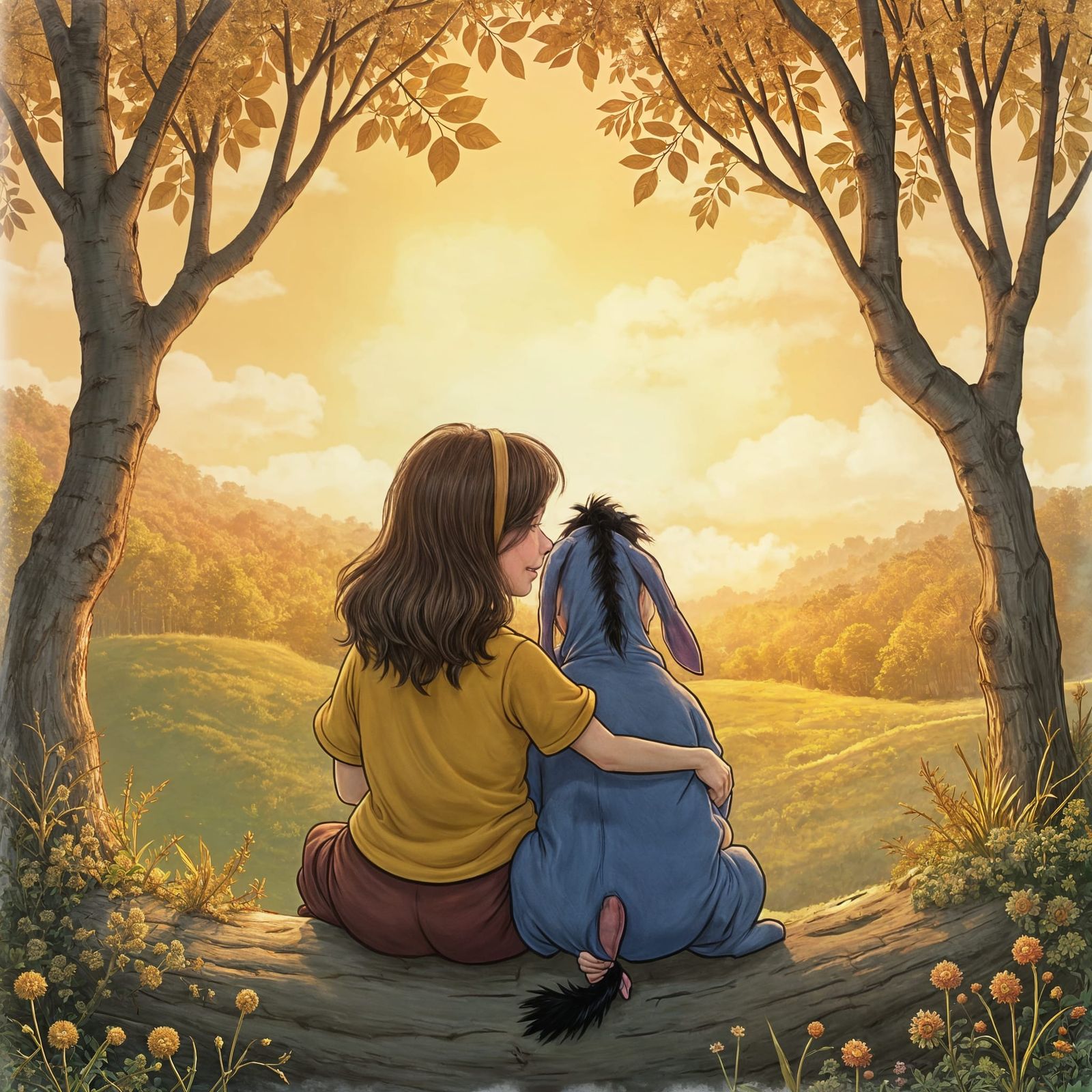 Whimsical Sunset Scene in Beatrix Potter Style