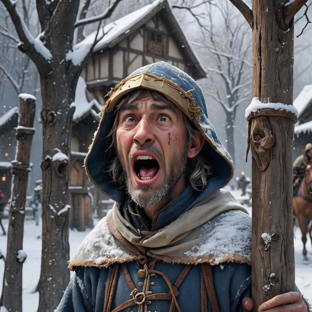 Medieval Peasant in Snowy Peril, in 3D Anime Style