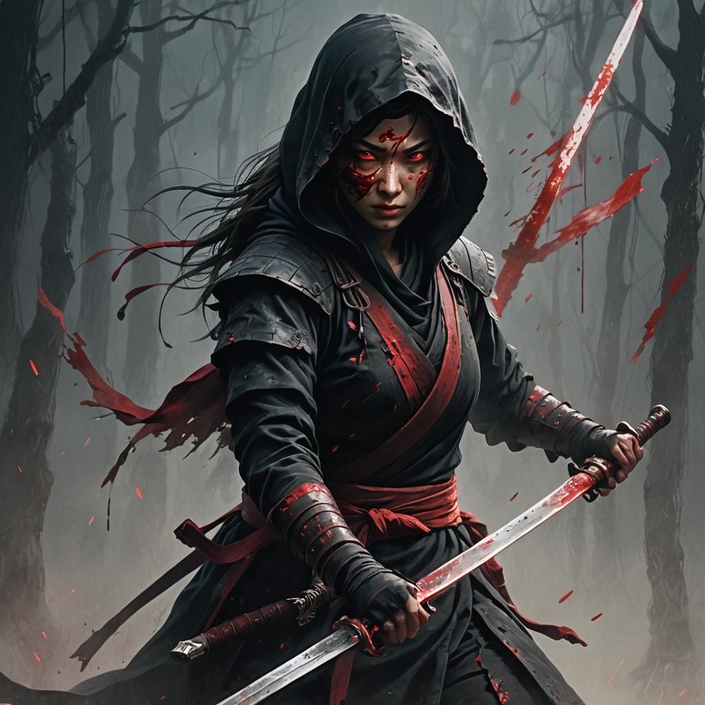Blood-Soaked Ninja with Red Sword in Dark Fantasy Art