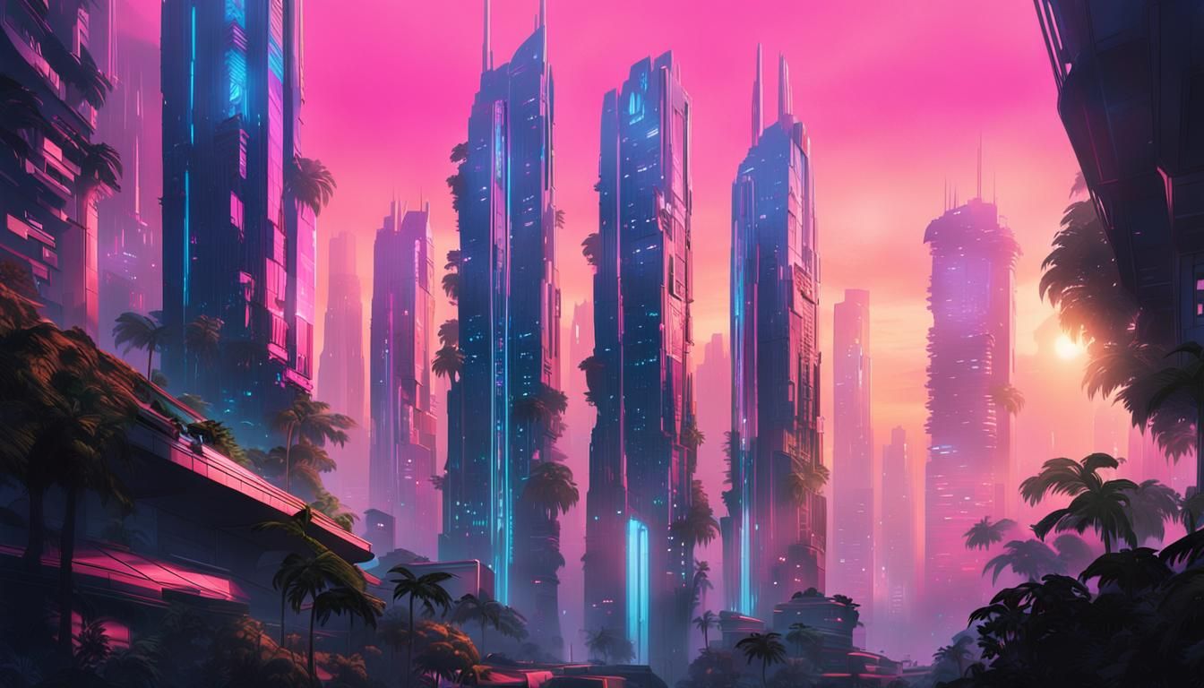 Cyberpunk Cityscape Sunrise in Neon Style