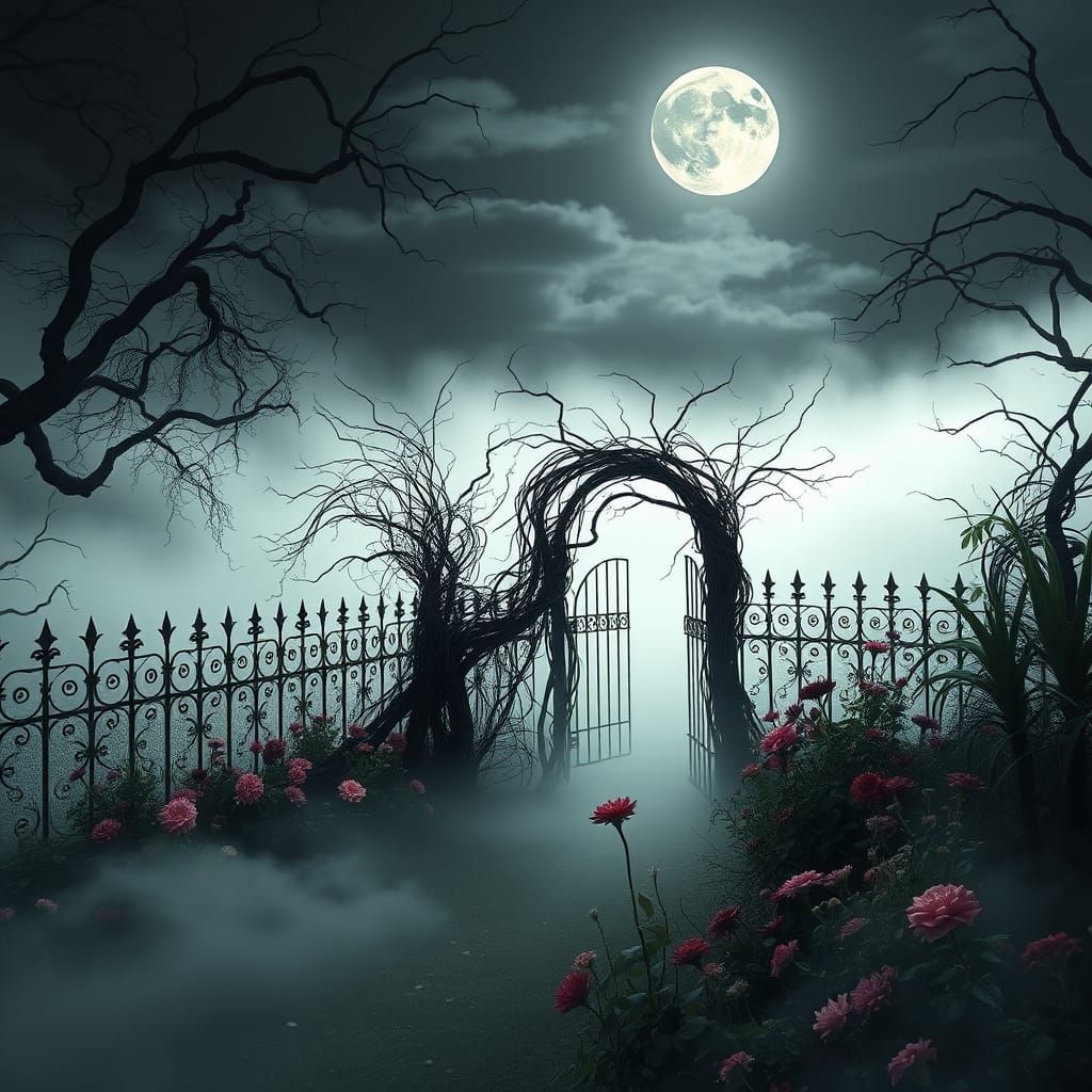 A creepy flower garden. Wrought iron fencing and dark tangled trees surround the garden. The full moon in the sky casts ...