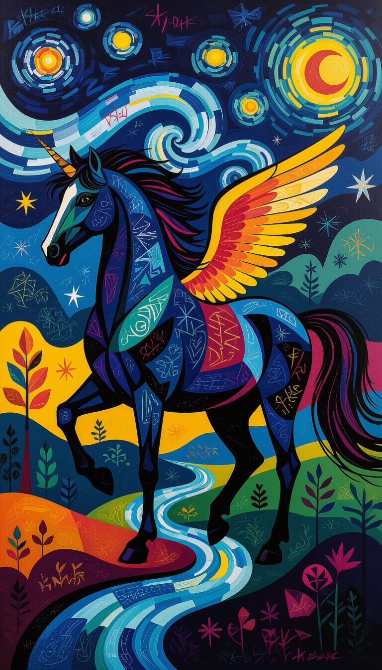 Surreal Horse Landscape in Van Gogh, Kandinsky, Basquiat Sty...