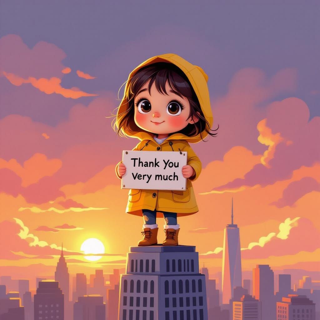 Girl Holds 'Thank You' Sign on Skyscraper at Sunset