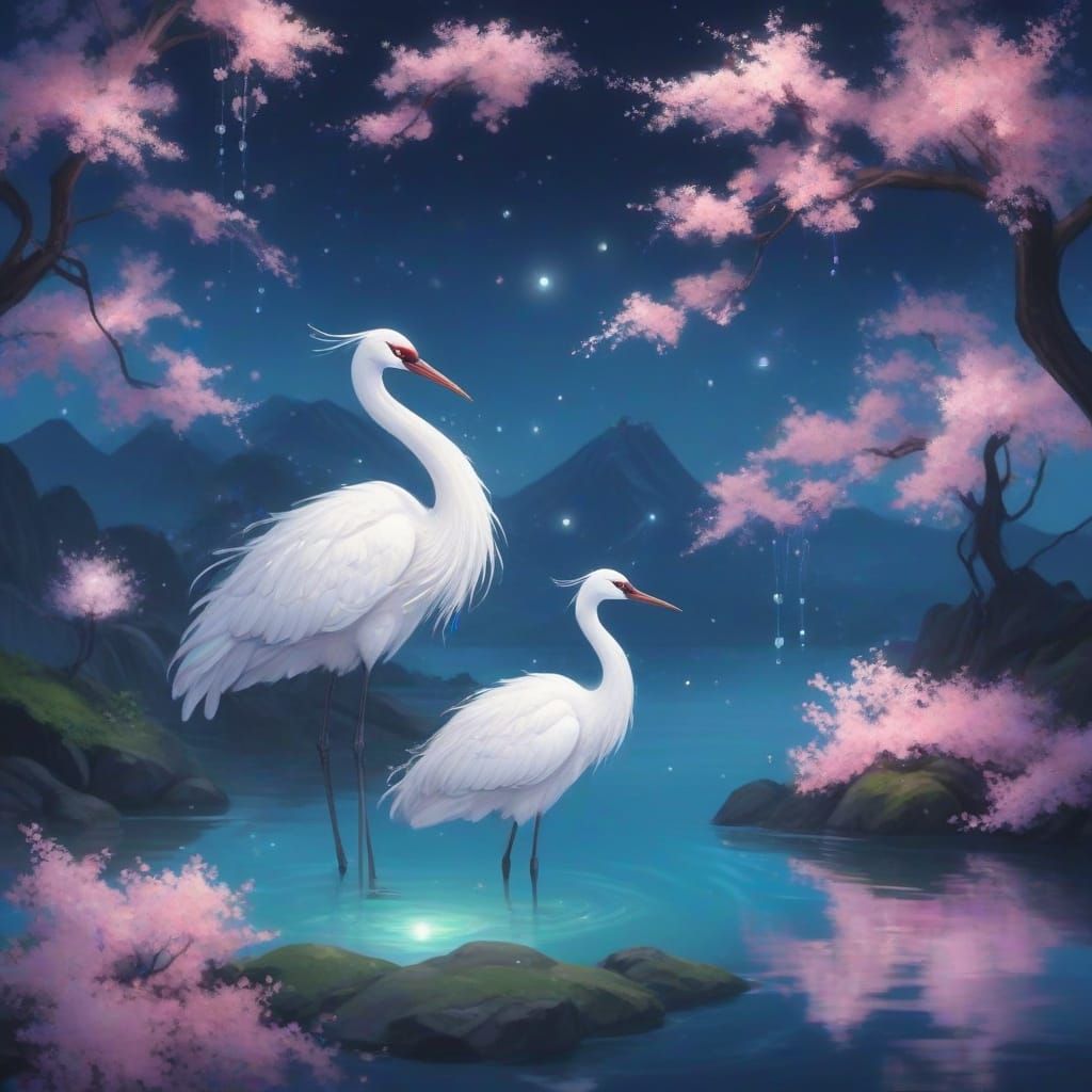 Japanese Cranes and Blossoms in Anime Realism