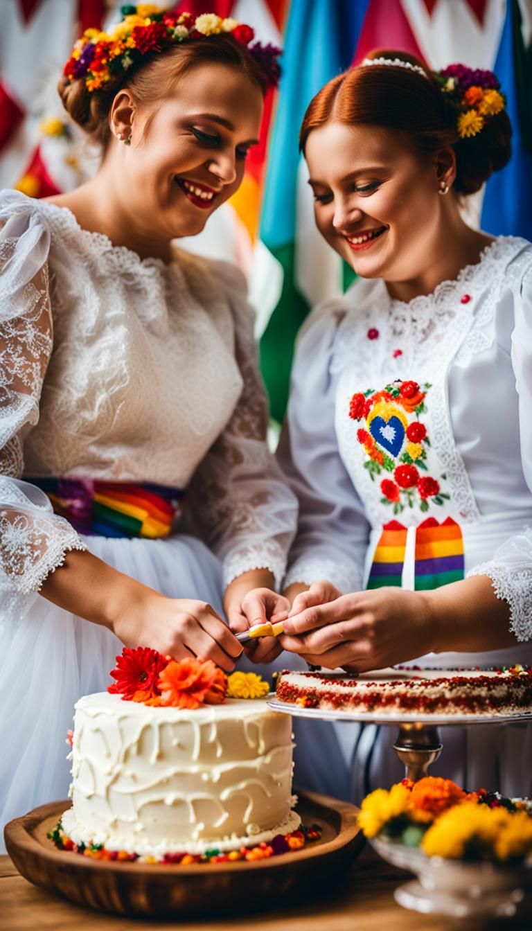 Two Brides Celebrate Wedding with Polish Folk Costumes