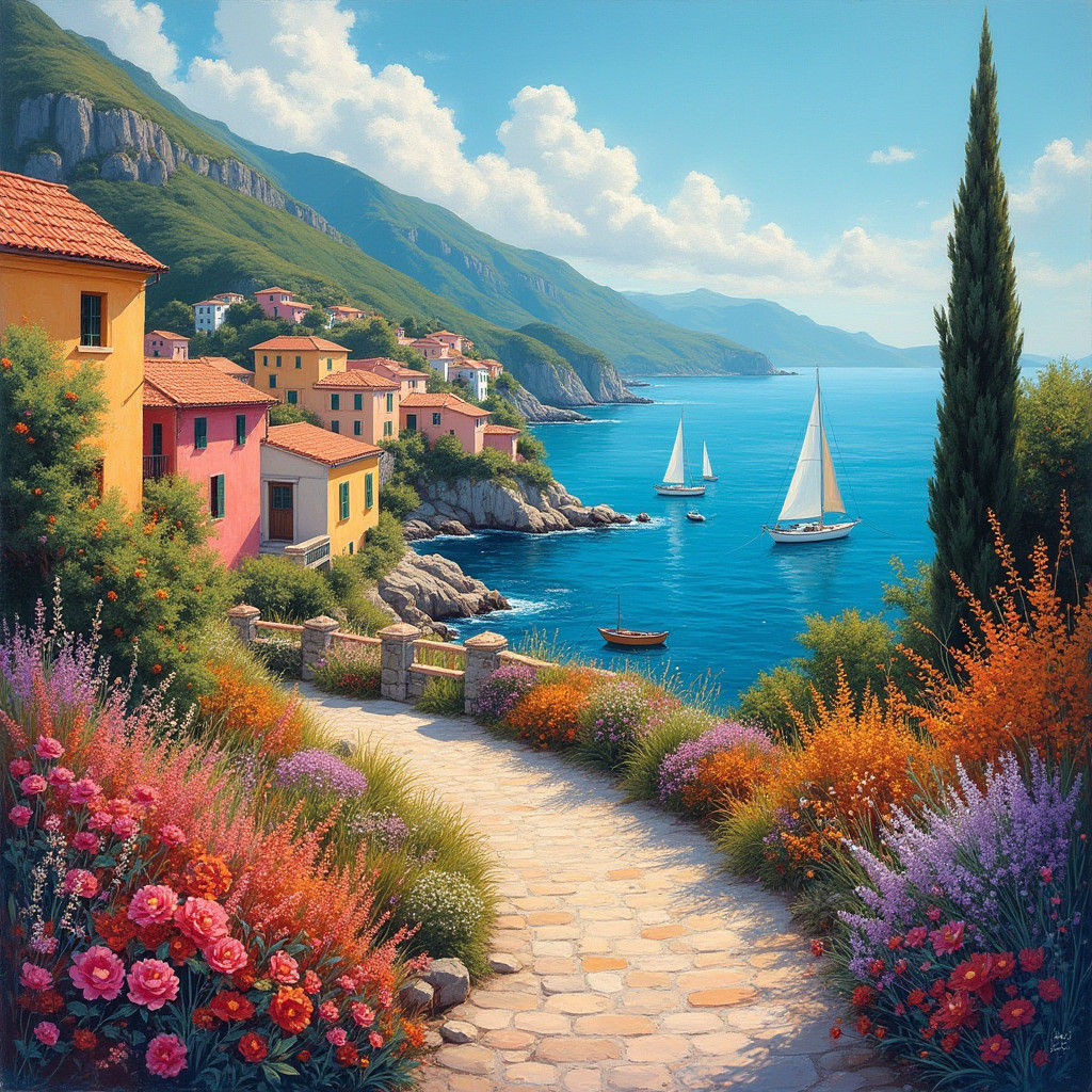 Mediterranean Village in Sunlight: Impressionistic Coastal S...