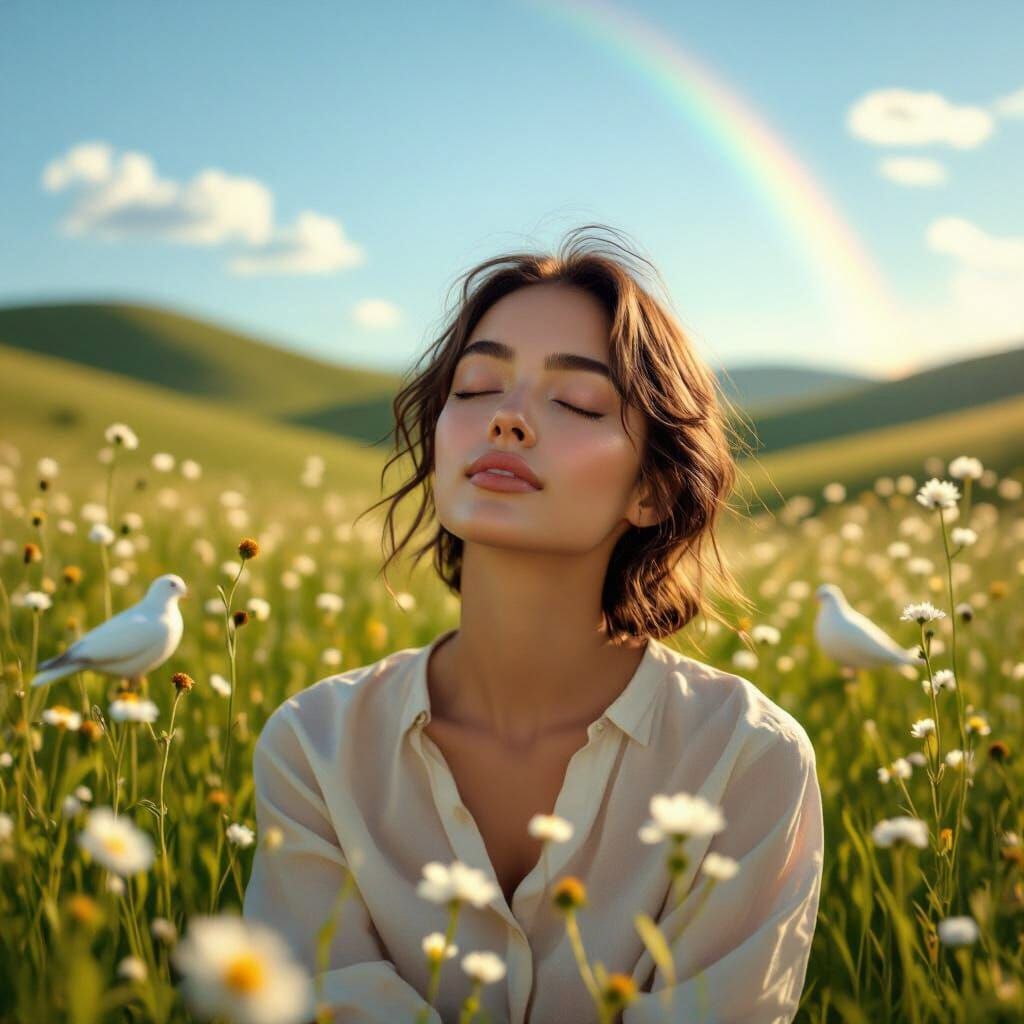 Serene Meadow Scene with Person in Golden Sunlight