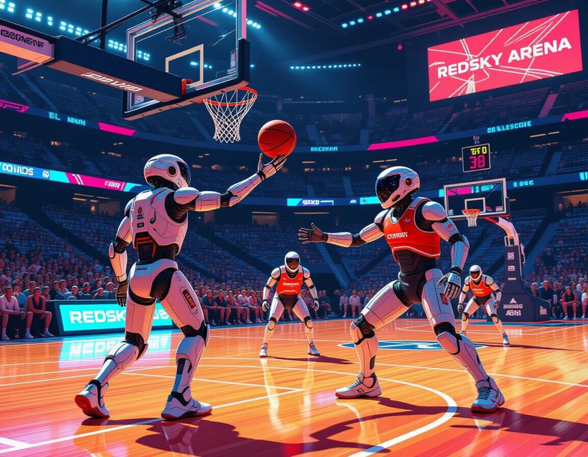 Robot Basketball on Mars in Retro-Futuristic Style