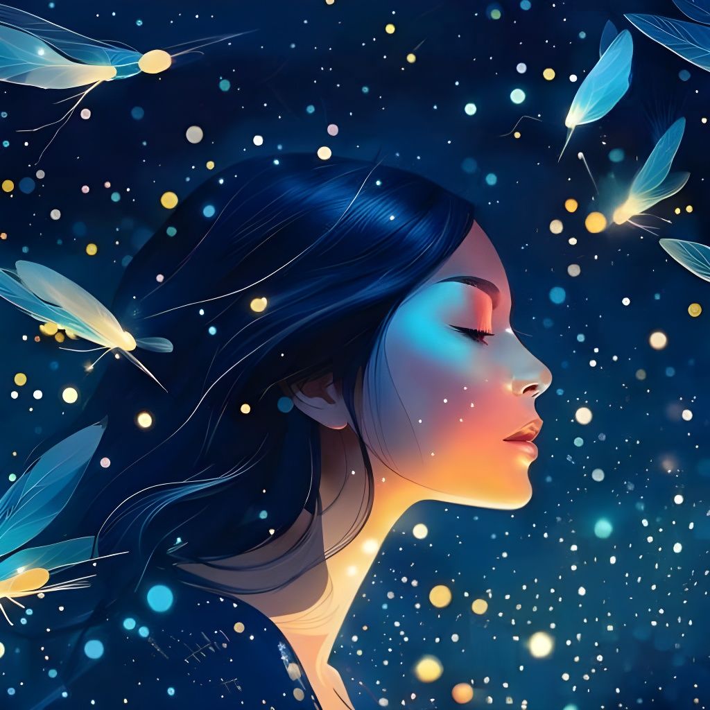 Iridescent Firefly with Sparkling Aura in Blue Night