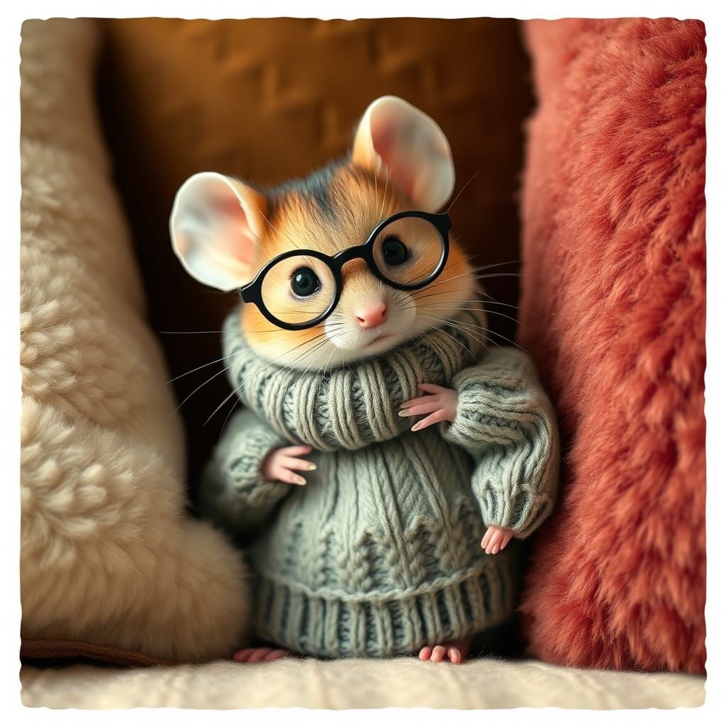 Cozy Mouse Behind Sofa Cushion, Whimsical Art