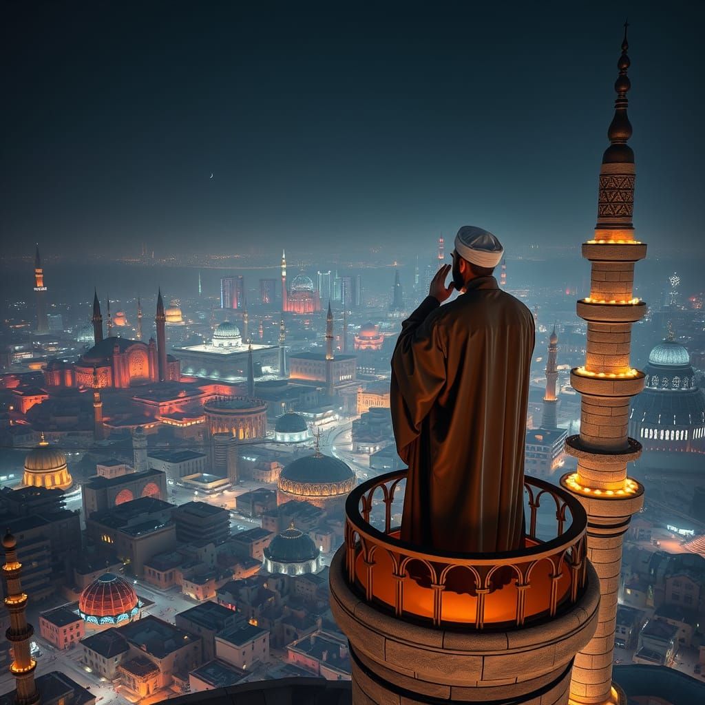 Futuristic Muezzin Calls to Prayer in Cyberpunk City