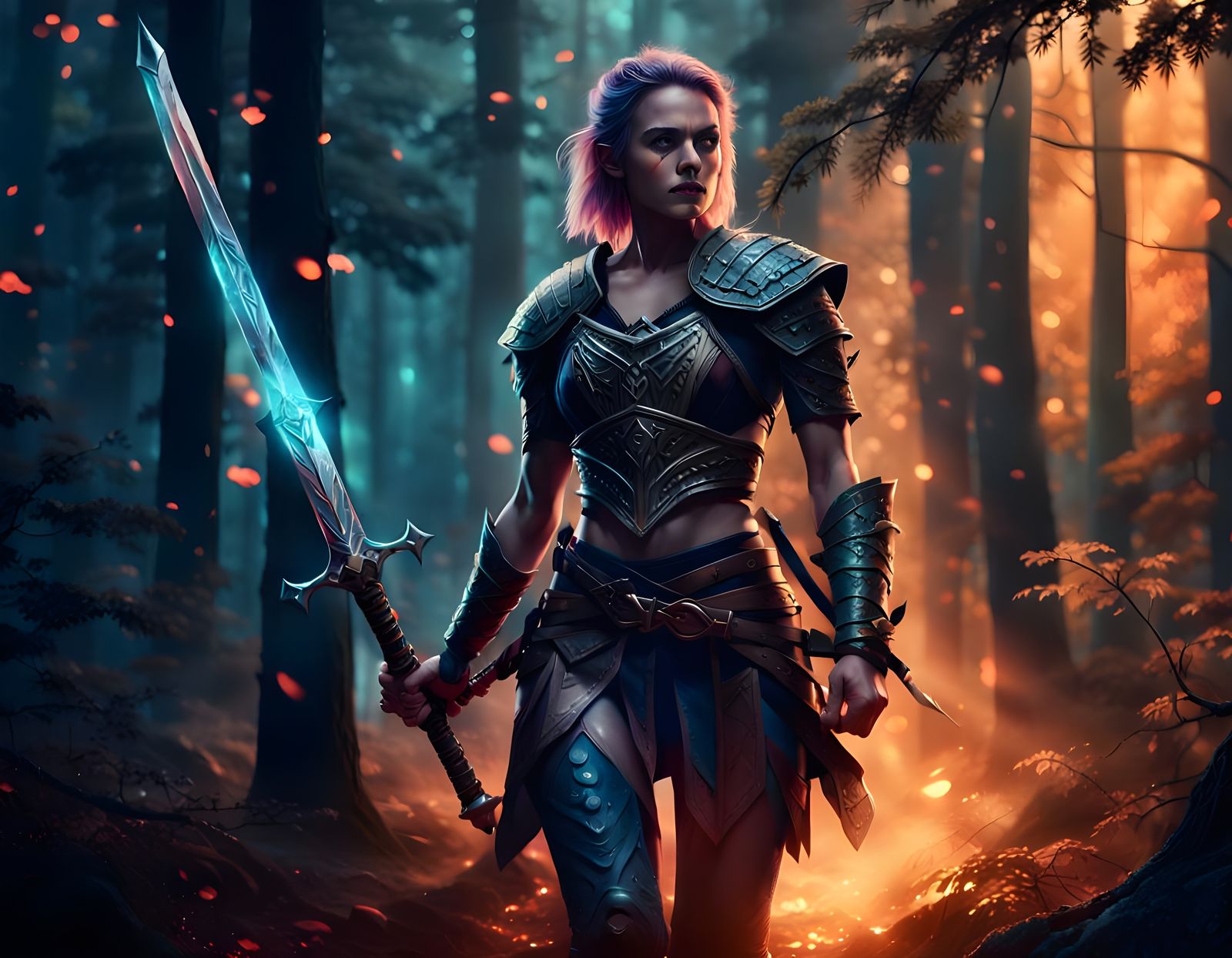 Warrior Woman with Sword in Dark Forest