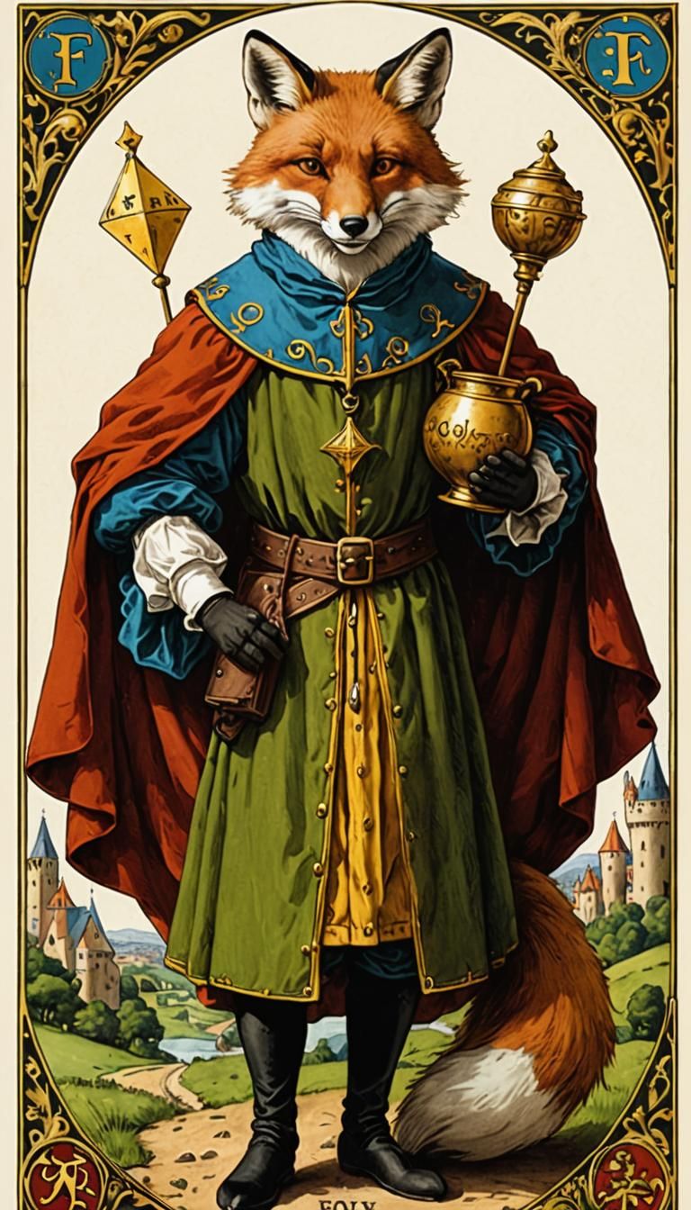 Anthropomorphic Fox as Tarot's Fool in Medieval Jester Costu...