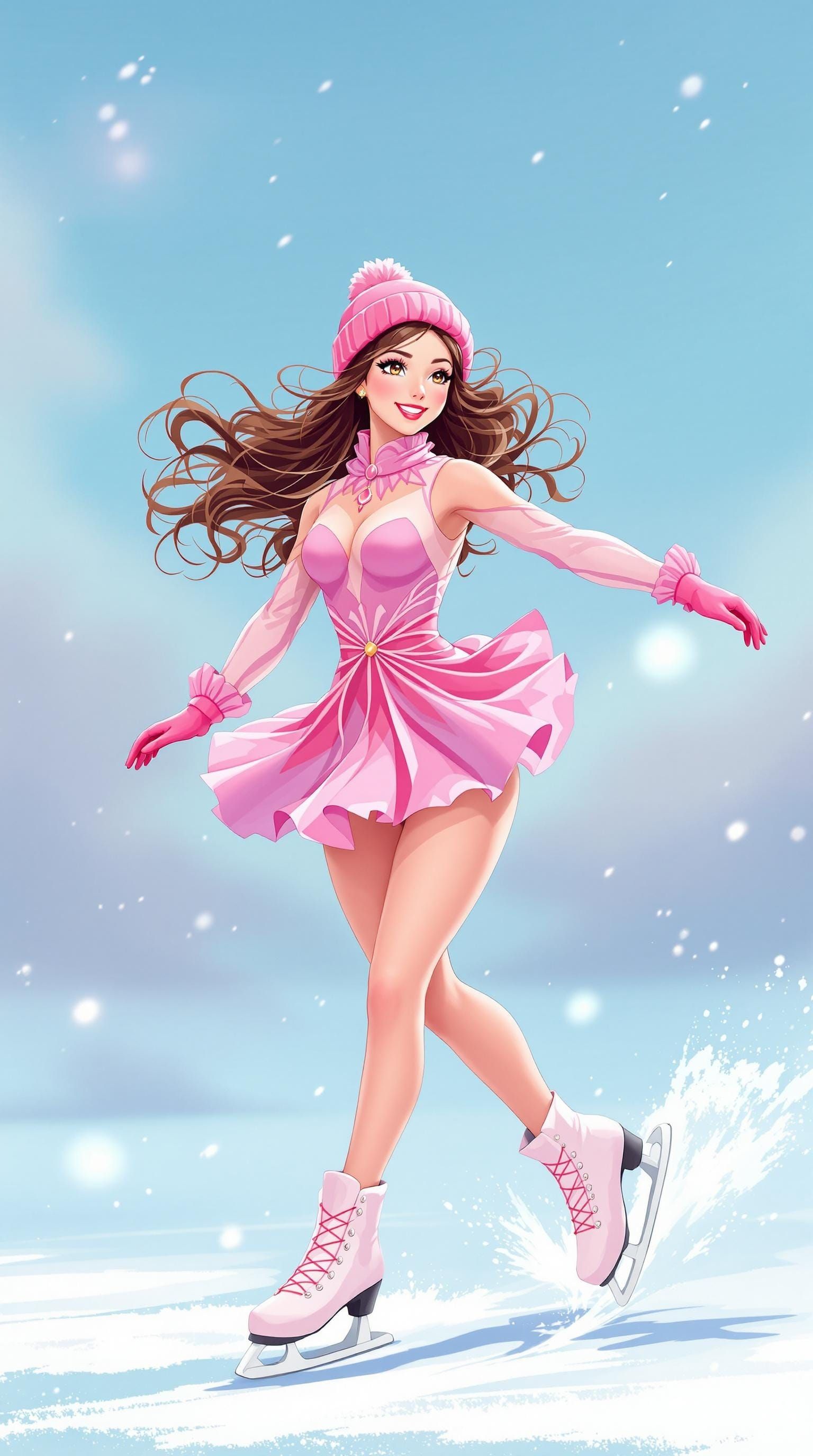 Anime Figure Skater Glides Across Sparkling Ice in Pastel Co...