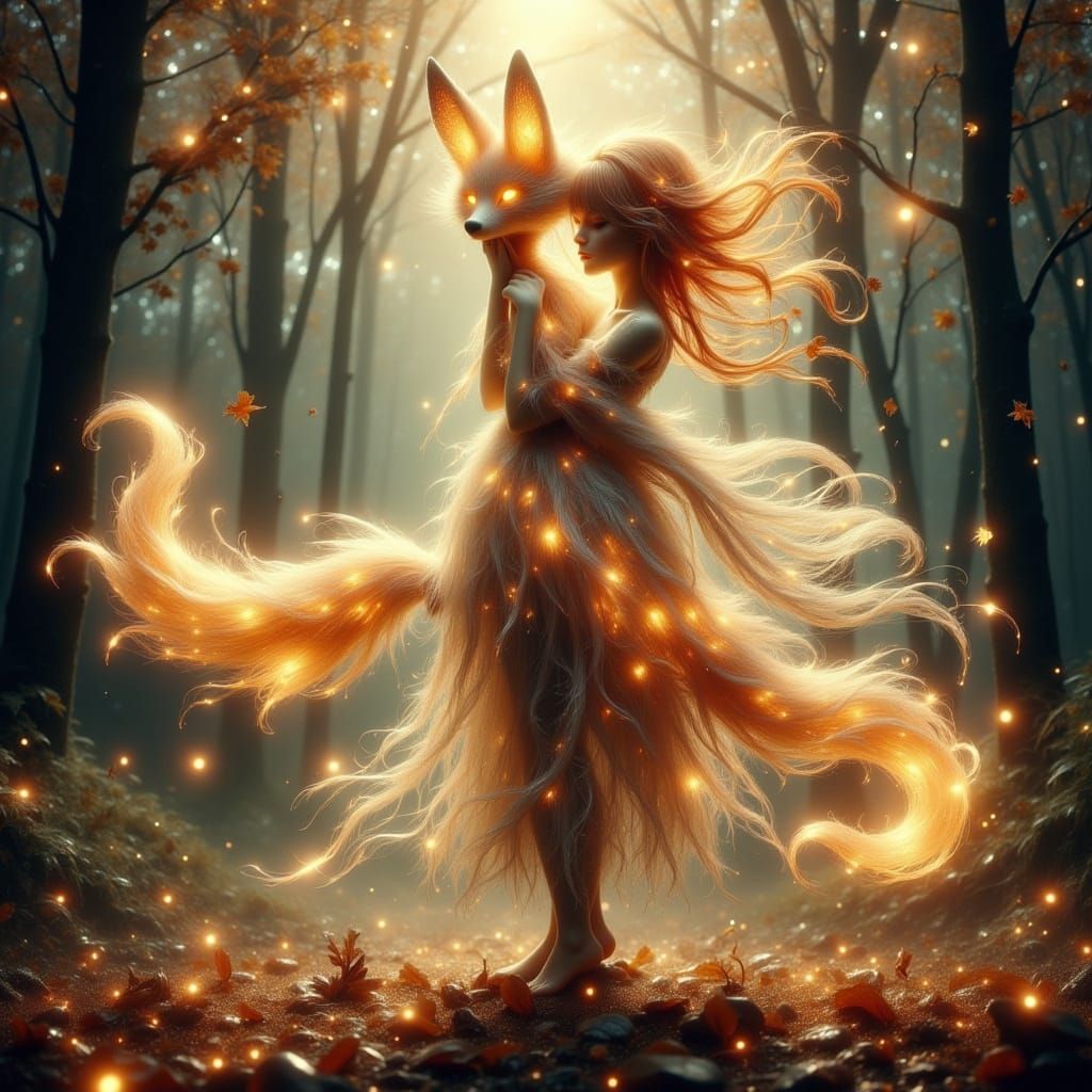 Enchanting Kitsune Woman in Misty Autumn Forest