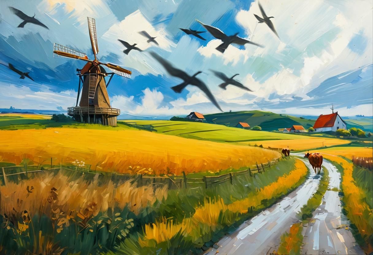 Dutch Windmill in Impressionist Oil Painting