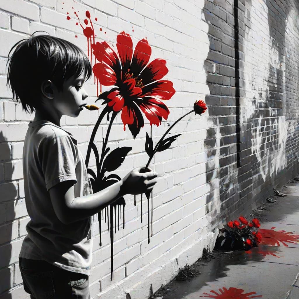 Child Street Artist Creates Vibrant Red Flower Mural