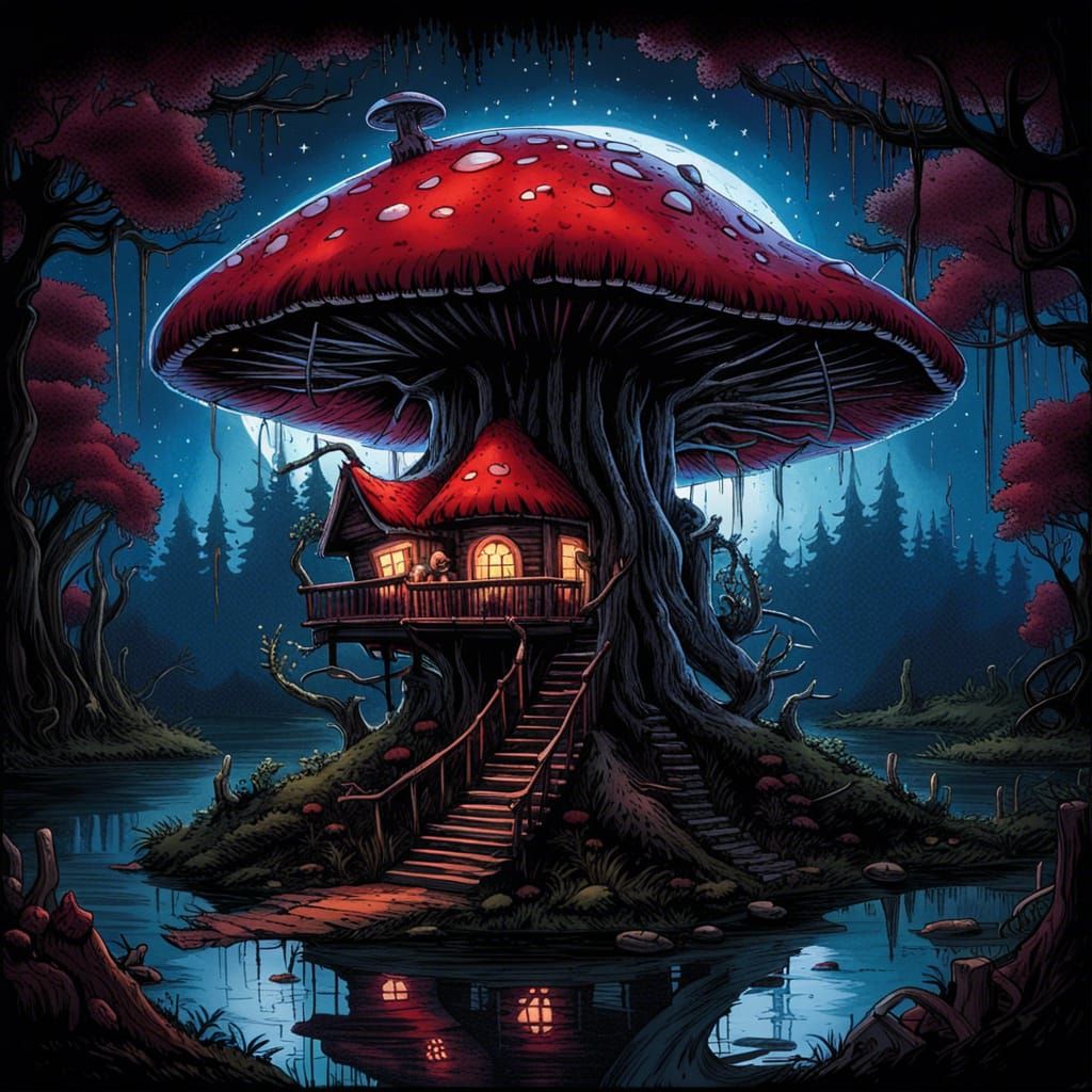 Gothic Horror Treehouse in Giant Mushroom, Comic Art