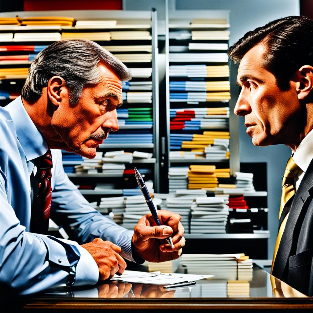 Persuasive Salesman Offers Pen to Anxious Customer