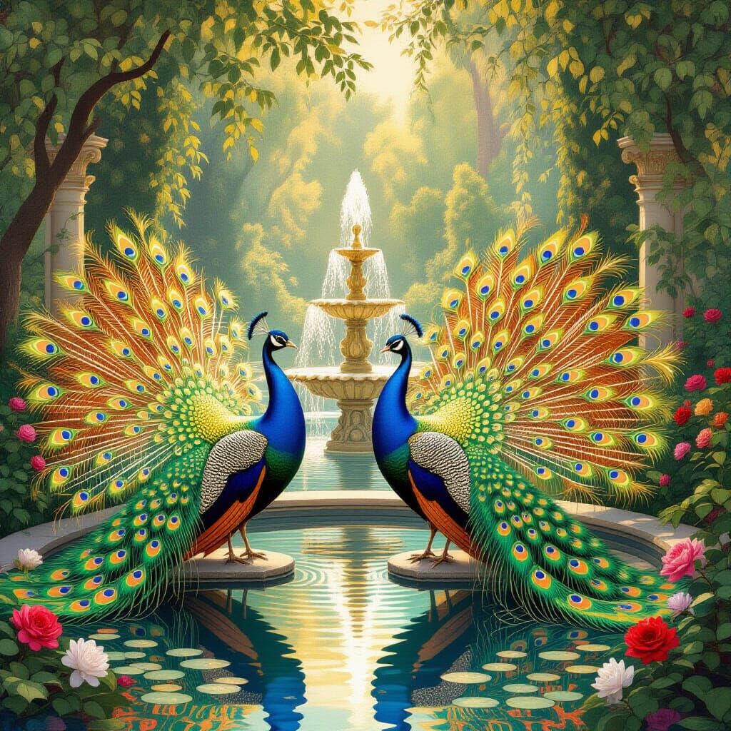 Majestic Peacocks in Opulent Art Nouveau Garden