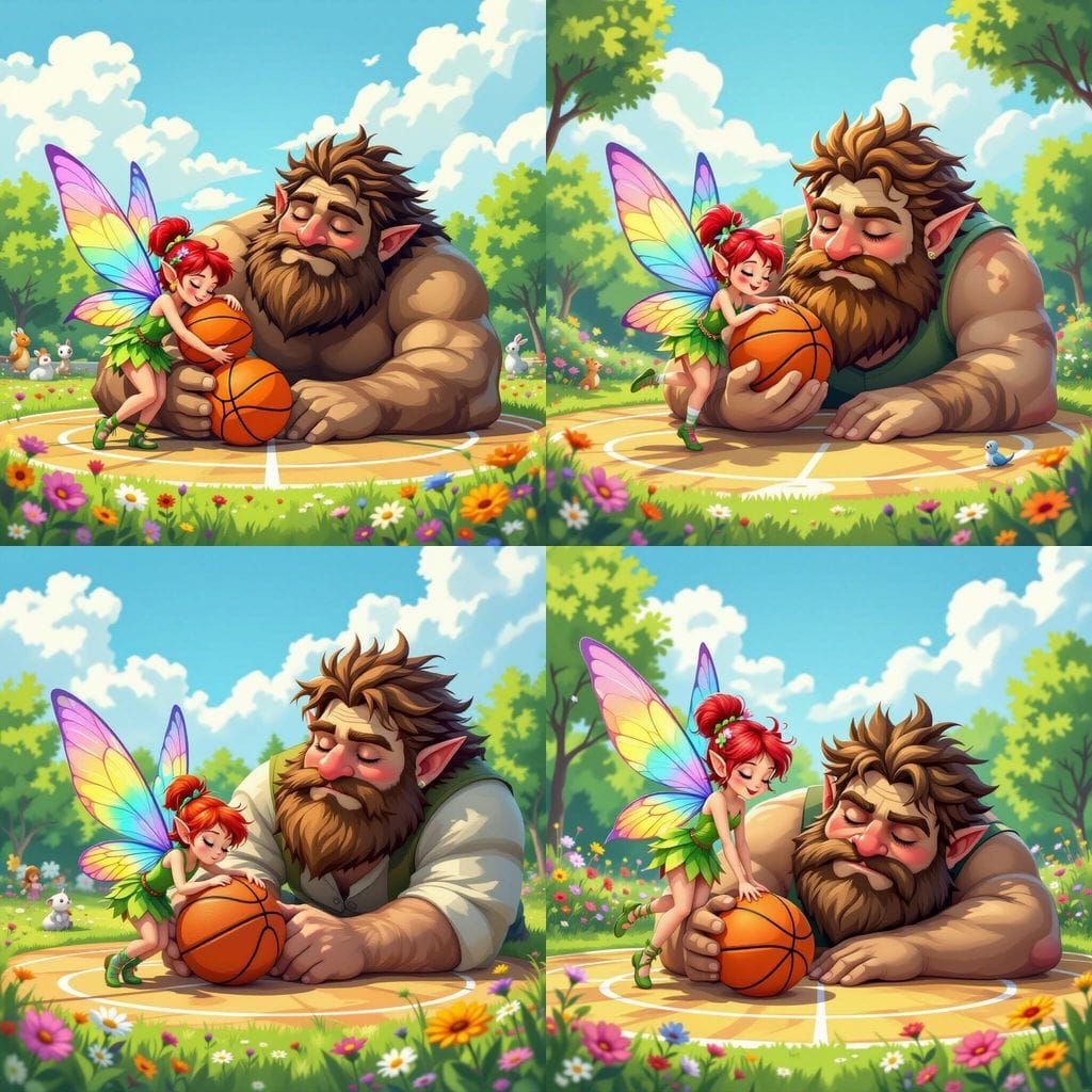 Fairy Steals Basketball from Giant in Meadow, Cartoon Style