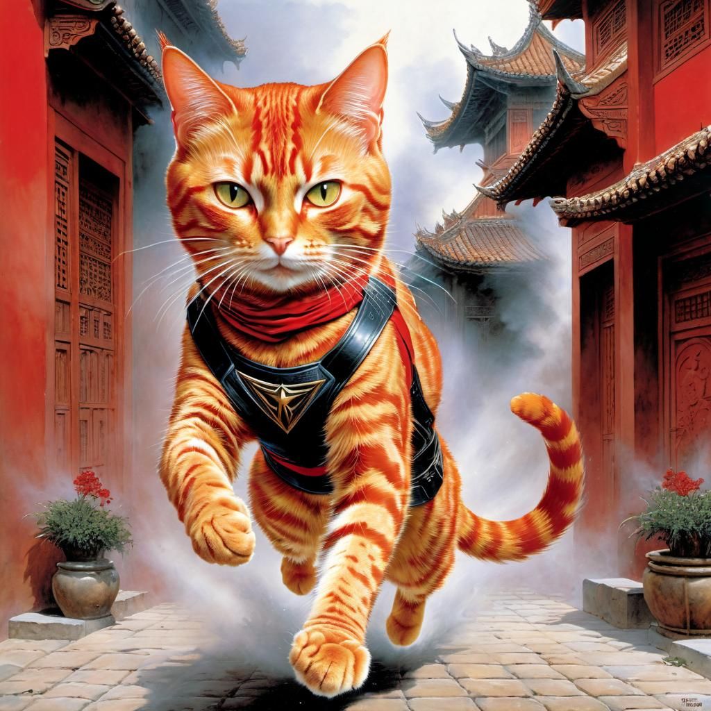 Red Tabby Cat Action Hero in Dynamic Pose