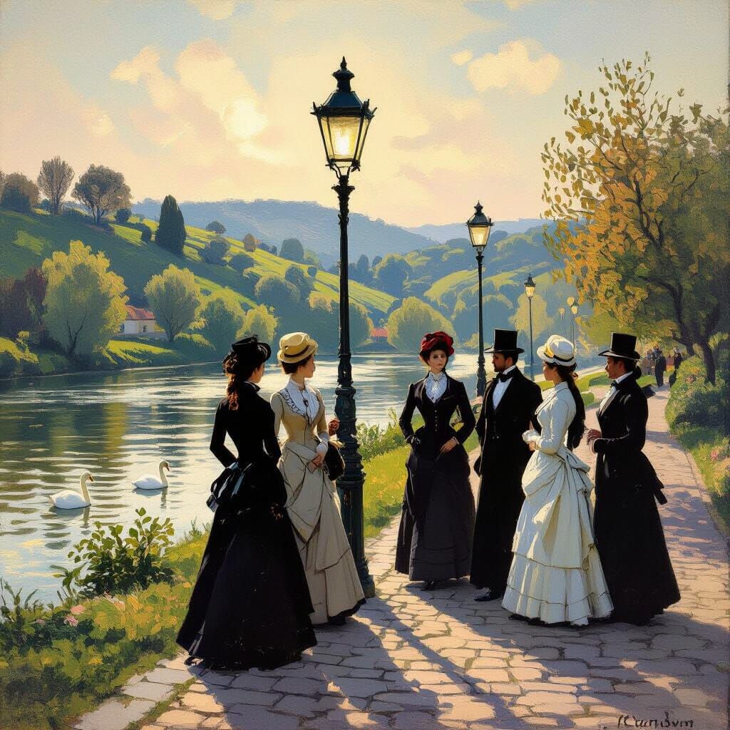 Impressionist Riverside Scene with Elegant Figures and Swans