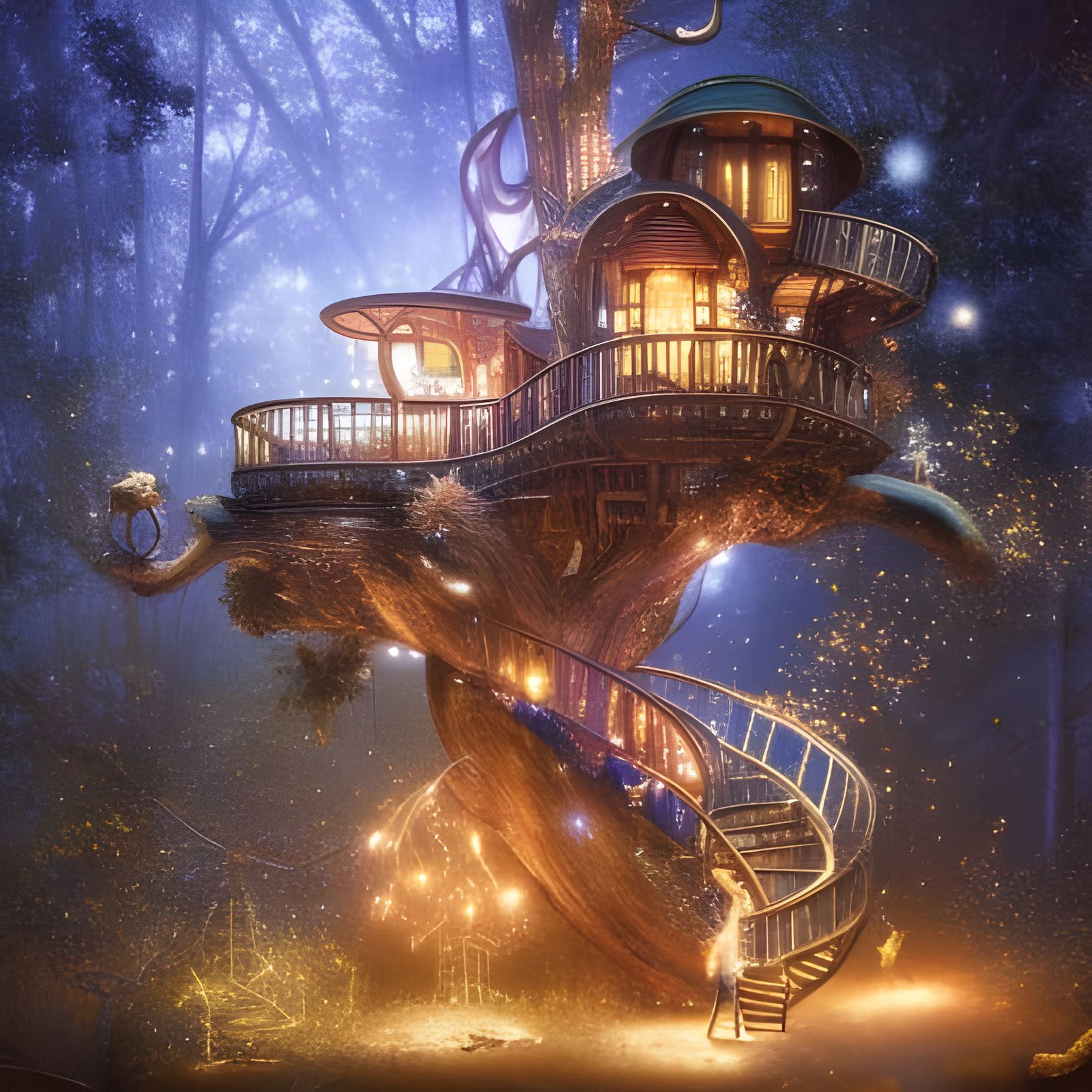 Stardust Treehouse with Fireflies, Hyperdetailed Art