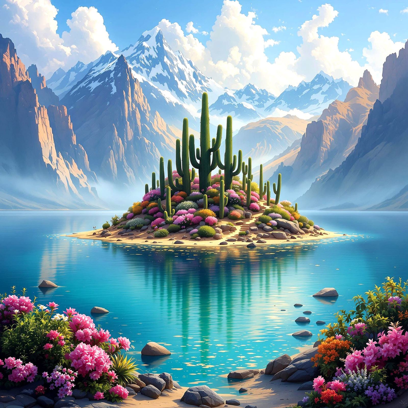 Desert Island Oasis in Turquoise Lake